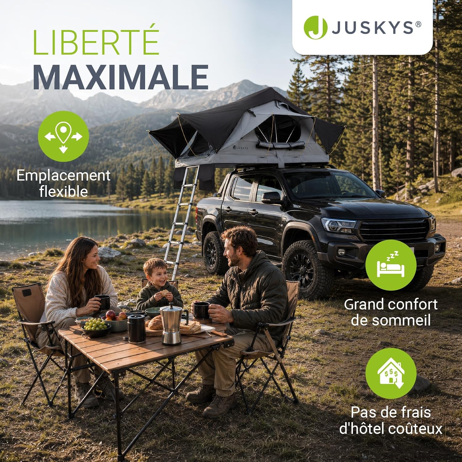 Famille attablée près d’un pick-up équipé de la tente de toit Juskys Lago