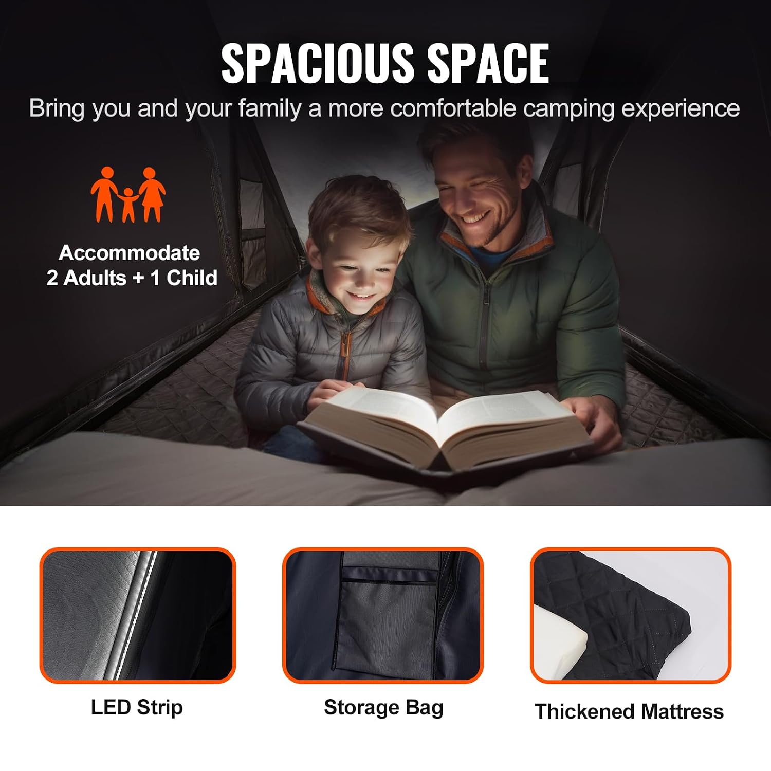 Adulte et enfant lisant dans la tente VEVOR, avec bande LED, sac et matelas
