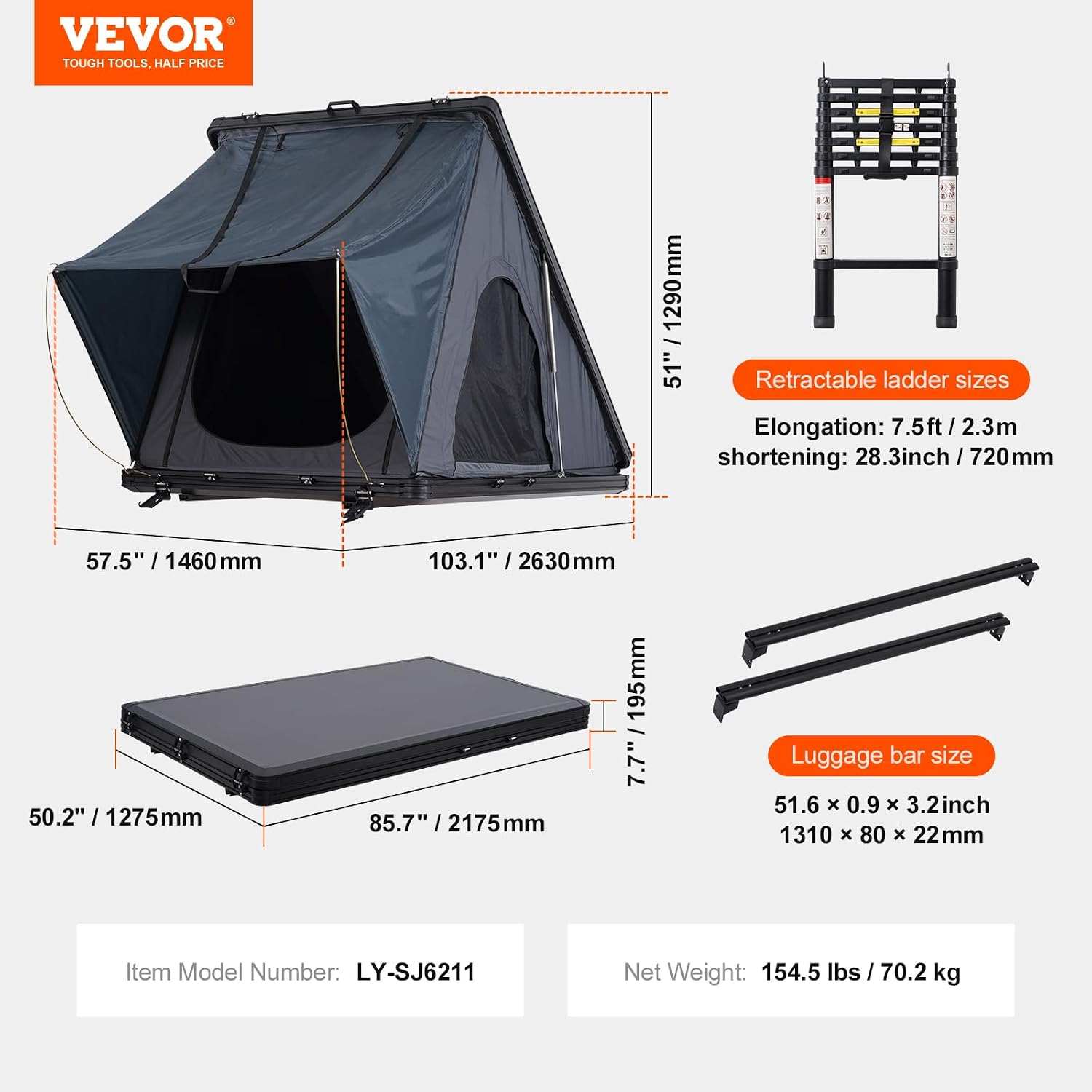 Dimensions de la tente VEVOR : 263 x 146 x 129 cm ouverte, 70,2 kg
