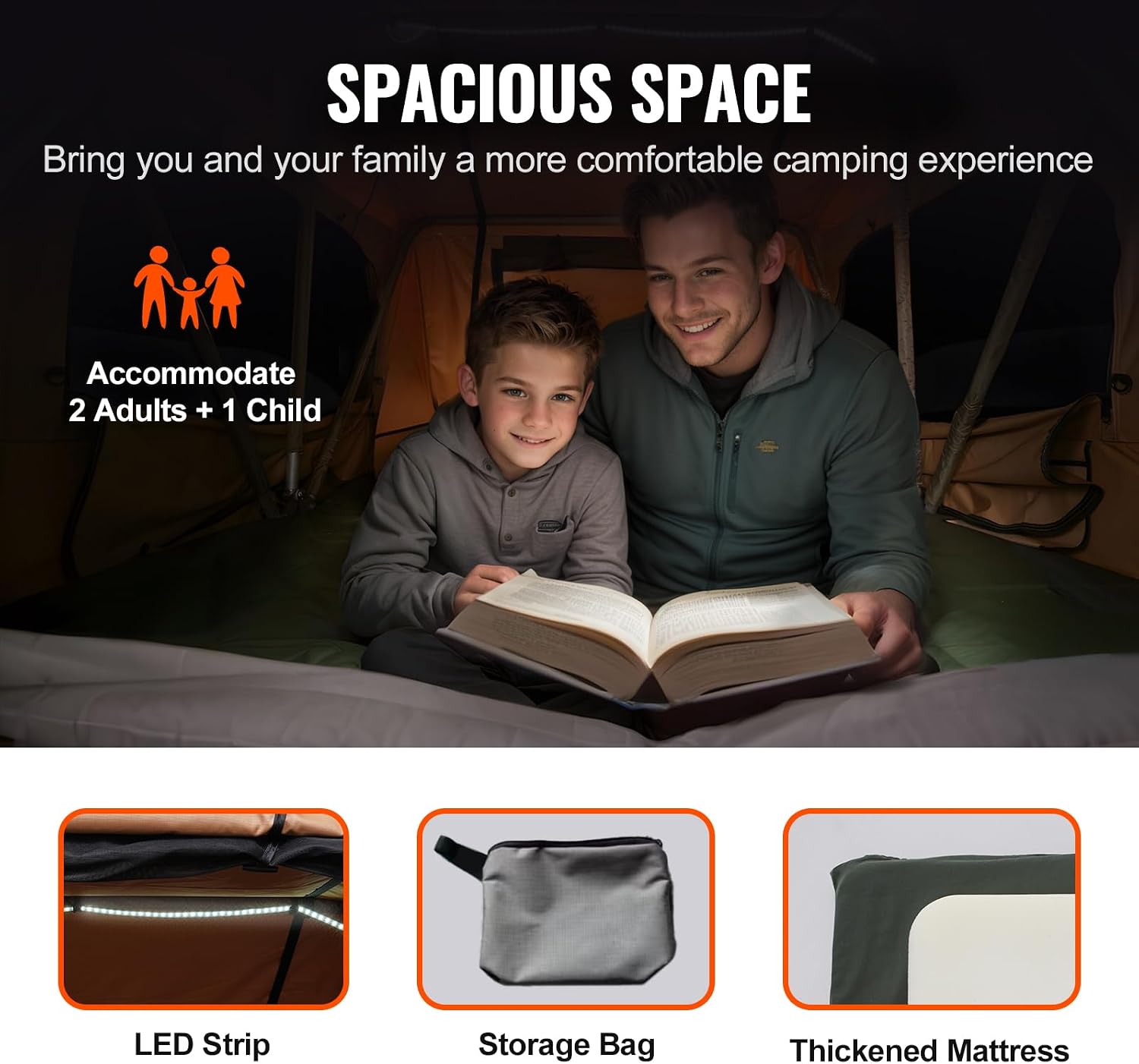 Adulte et enfant lisant dans la tente VEVOR, avec LED, sac de rangement et matelas