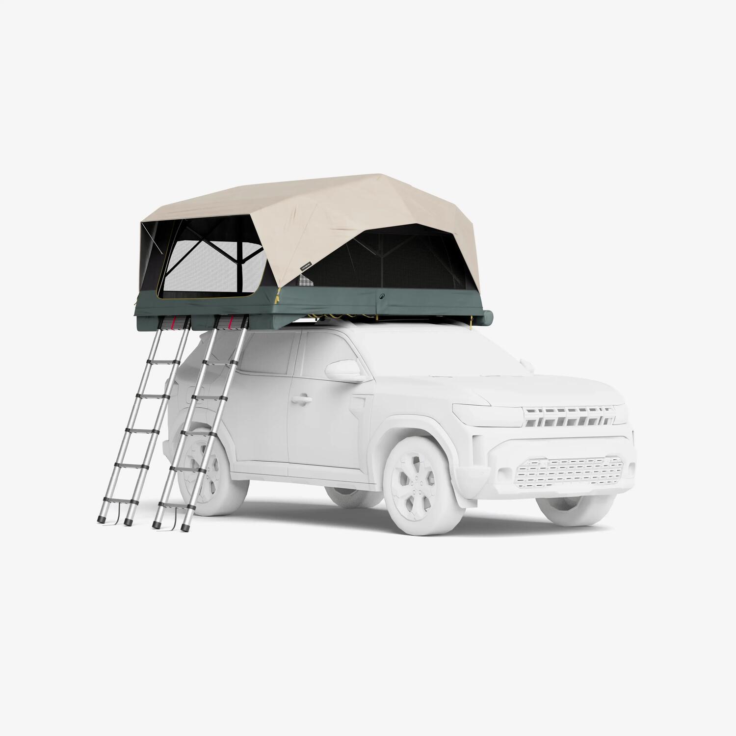 Tente de toit Quechua 500 4P Family ouverte sur un SUV, deux échelles dépliées