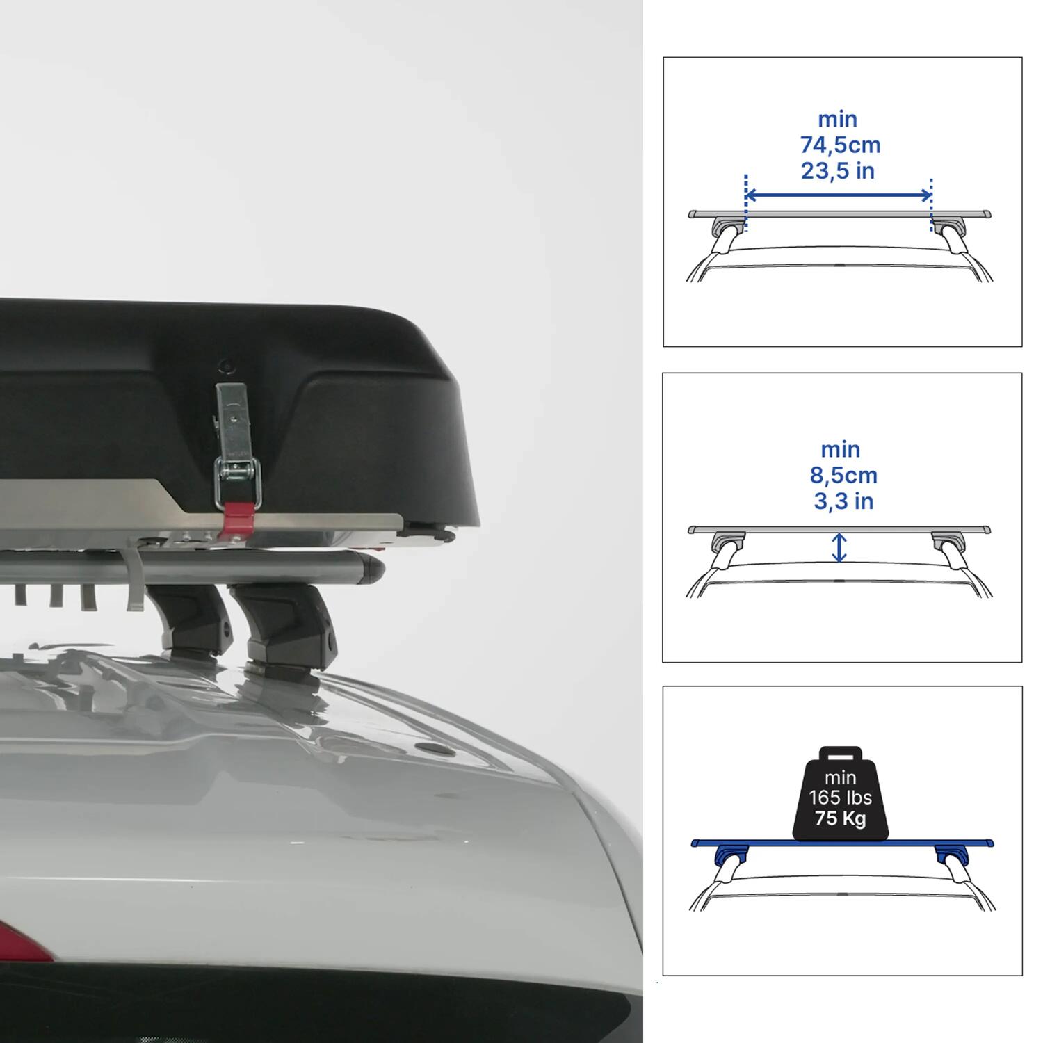 Exigences de barres de toit : largeur utile de 74,5 cm, 8,5 cm sous la barre, charge de 75 kg