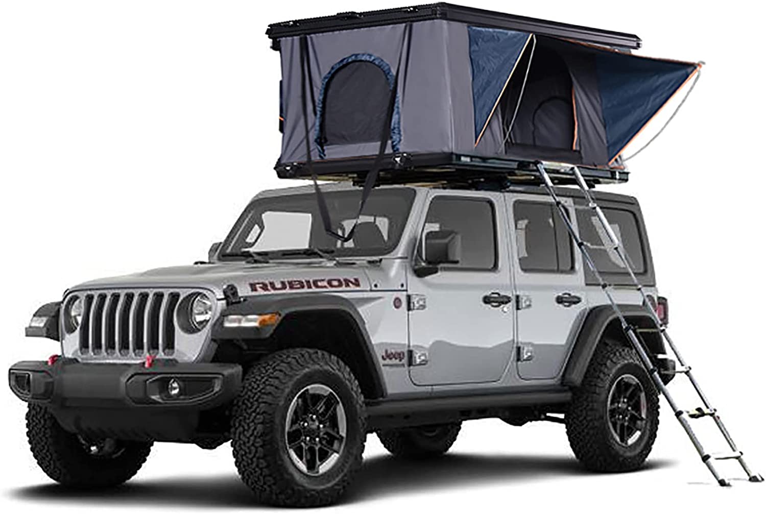 Tente de toit à coque rigide XTLLY ouverte sur un 4x4 Jeep gris, échelle télescopique dépliée