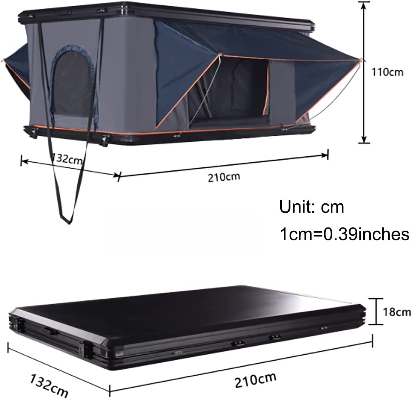 Schéma de la tente XTLLY : 210 x 132 x 110 cm ouverte, 210 x 132 x 18 cm fermée
