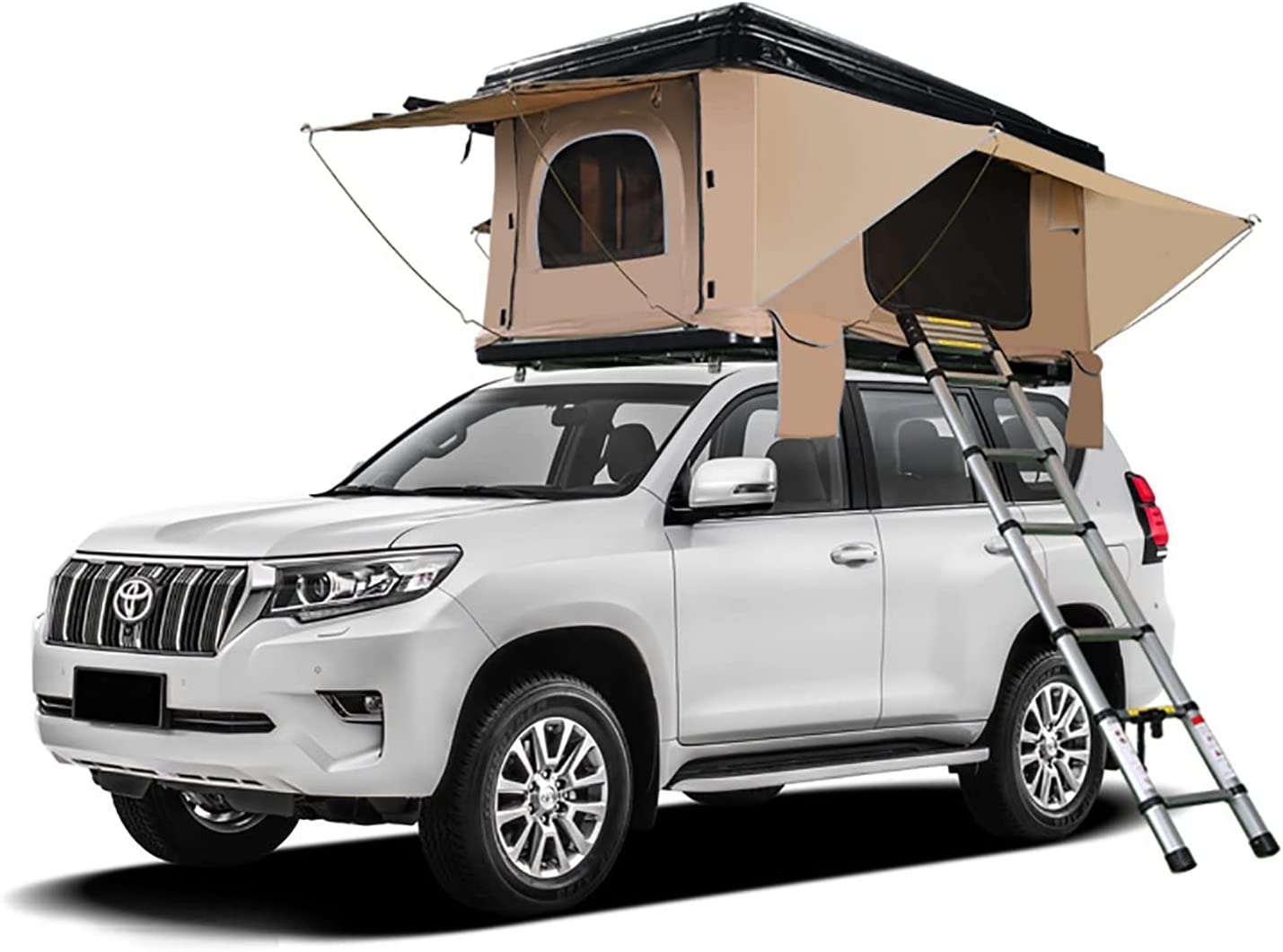 Tente beige à coque dure ouverte sur un 4x4 blanc, échelle télescopique dépliée