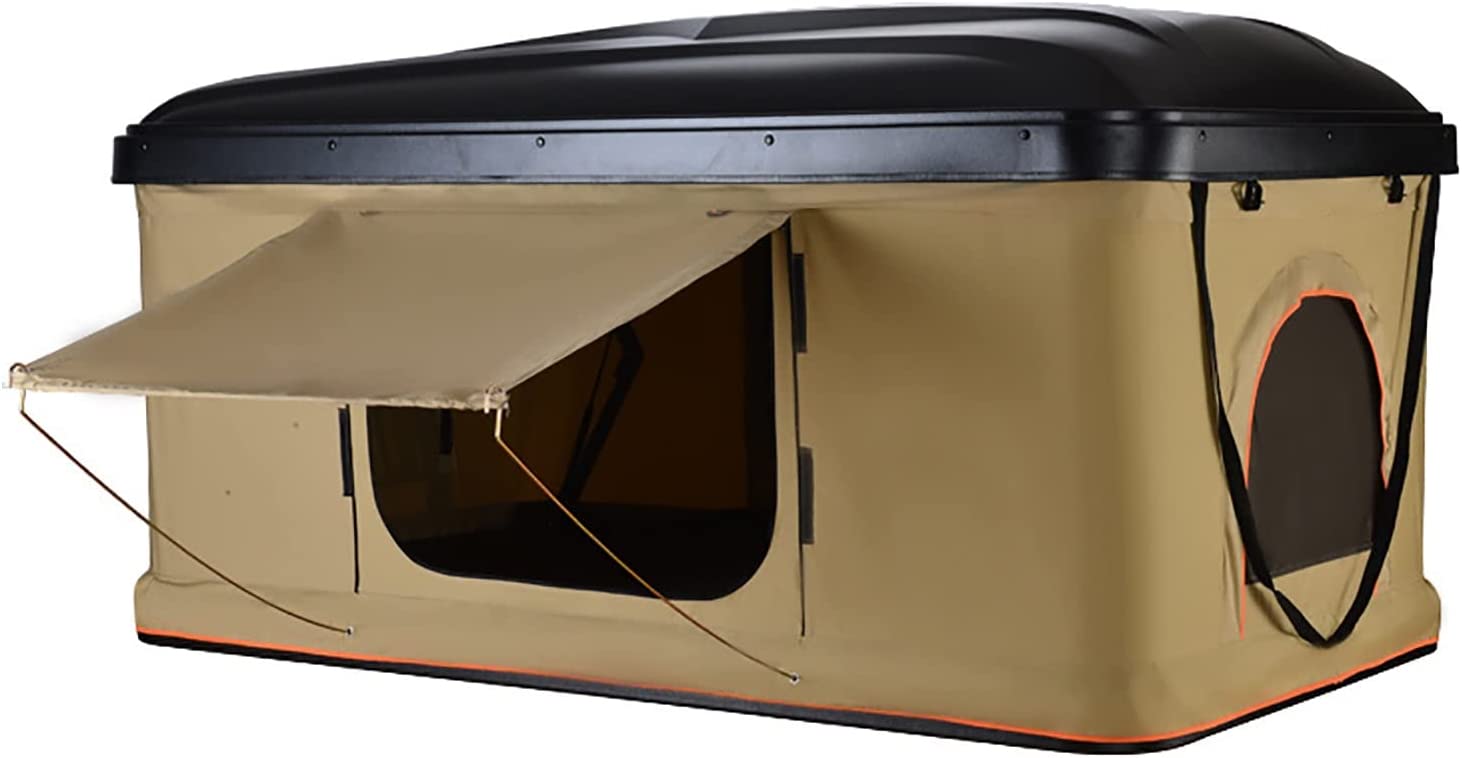 Tente de toit à coque dure noire ouverte, toile beige et auvent relevé