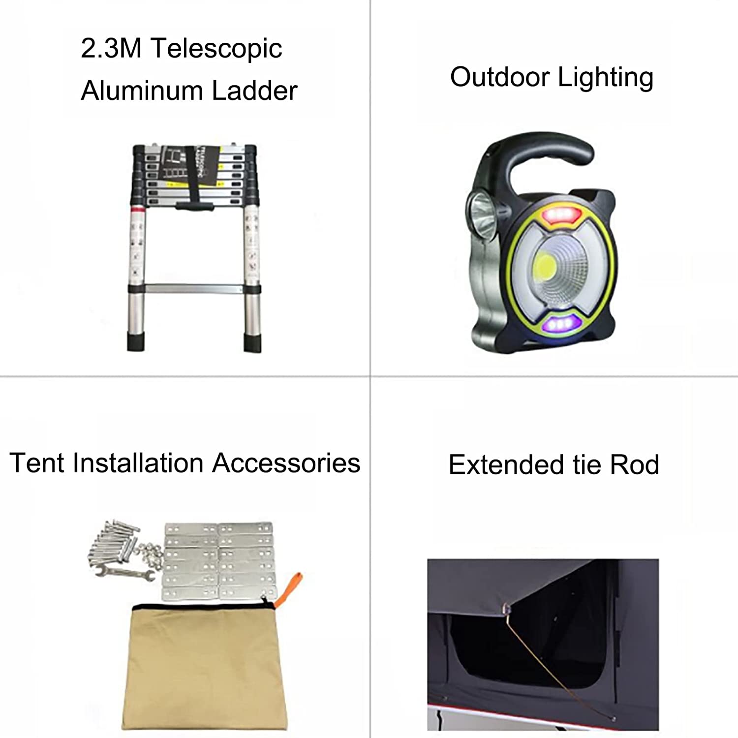 Accessoires fournis : échelle télescopique de 2,3 m, lampe, kit de fixation (visuel en anglais)