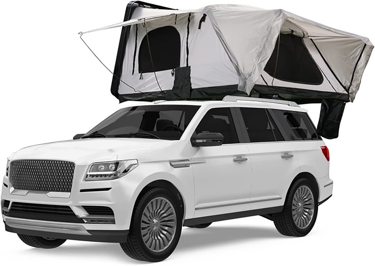 Tente de toit à coque dure, toile blanche, ouverte sur un grand SUV blanc