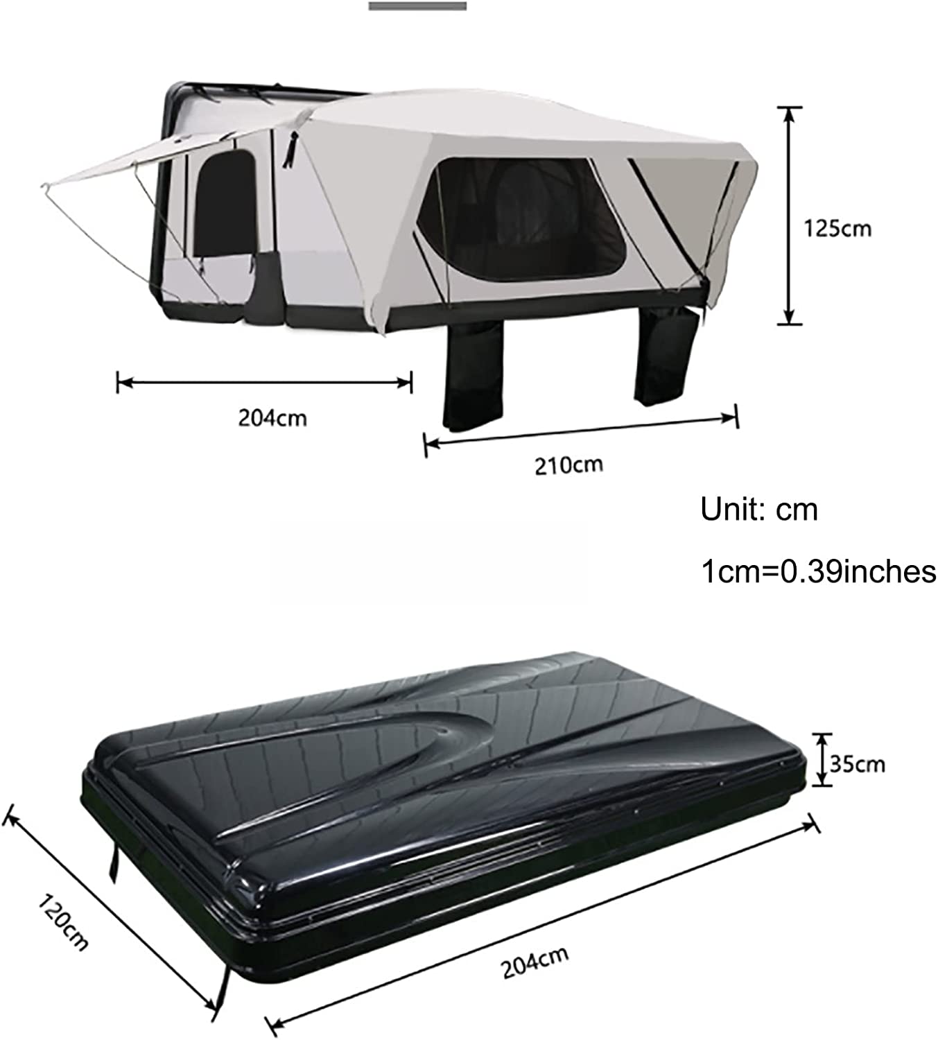 Schéma des dimensions de la tente blanche ouverte et de sa coque noire fermée