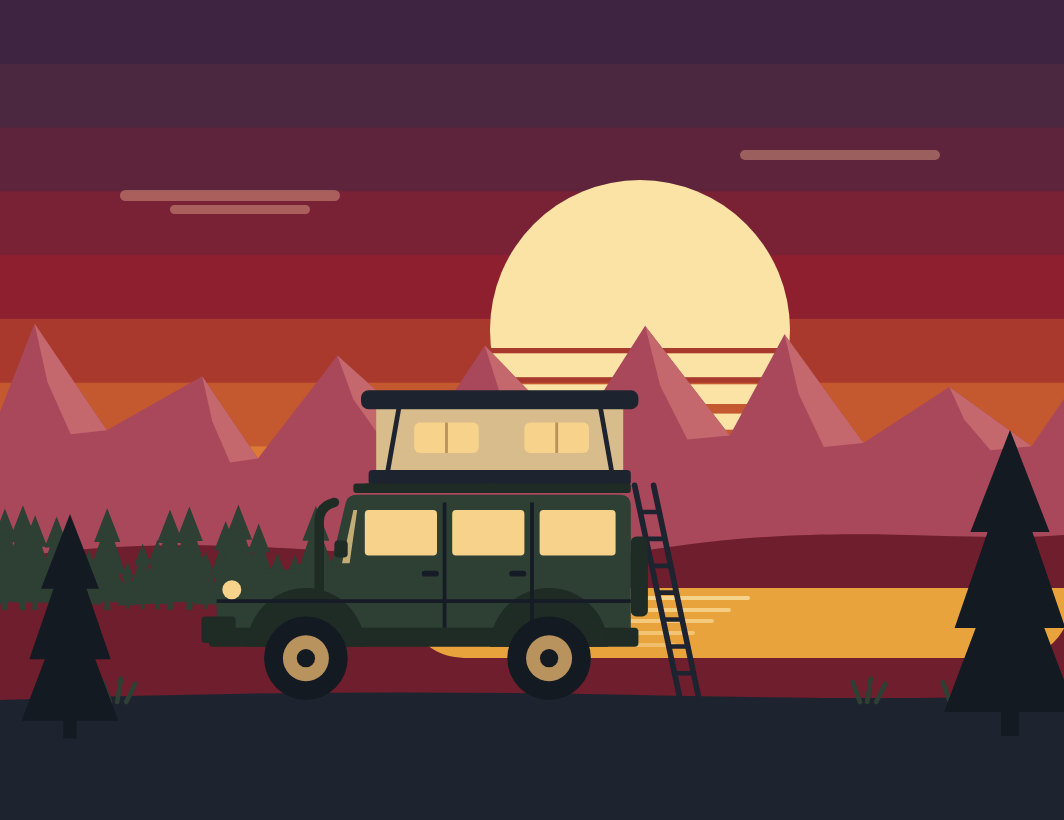 tente de toit rigide sur 4x4 au coucher du soleil