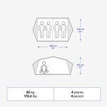 Schéma de la 500 4P Family : couchage de 200 x 213 cm pour 4 personnes, poids de 80 kg