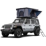 Tente de toit à coque rigide XTLLY ouverte sur un 4x4 Jeep gris, échelle télescopique dépliée