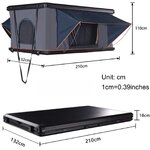 Schéma de la tente XTLLY : 210 x 132 x 110 cm ouverte, 210 x 132 x 18 cm fermée