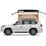 Tente beige à coque dure ouverte sur un grand SUV blanc, vue de profil