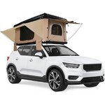 Tente de toit à coque dure, toile beige, ouverte sur un SUV blanc, auvents tendus