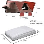 Schéma des dimensions de la tente à toile rouge ouverte et de sa coque blanche fermée
