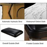 Détails de la tente : vérin hydraulique, toile Oxford et coque noire (visuel en anglais)