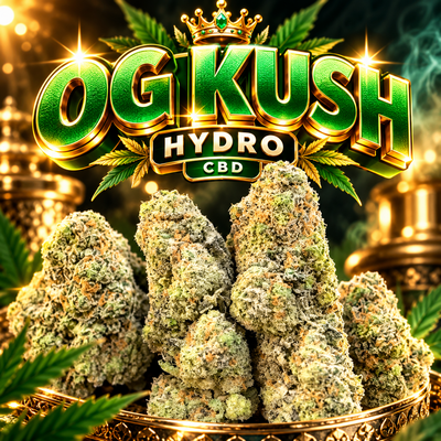 OG Kush Hydro CBD, visuel premium vert et doré avec fleurs en gros plan