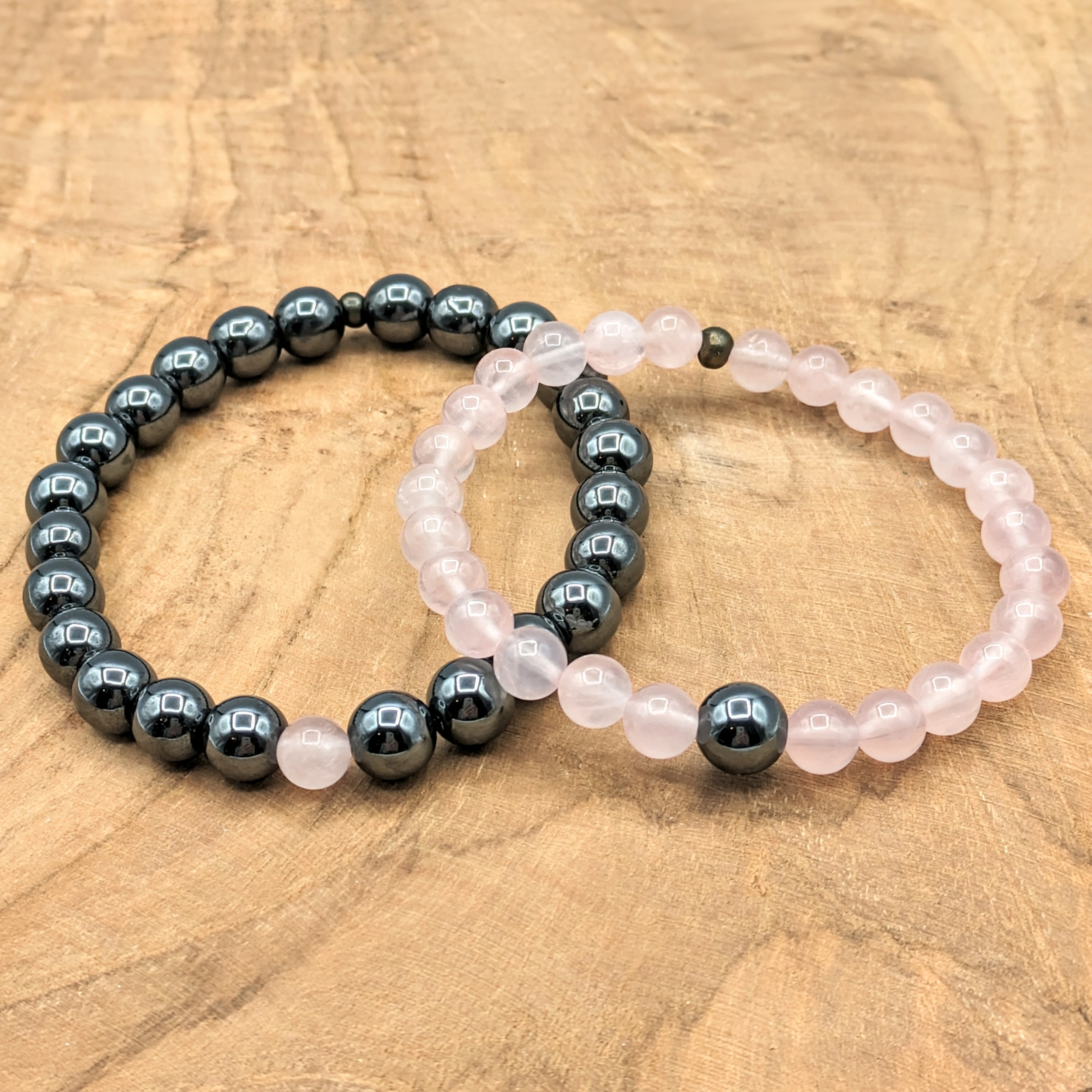 Bracelet de couple perles naturelles quartz rose hématite