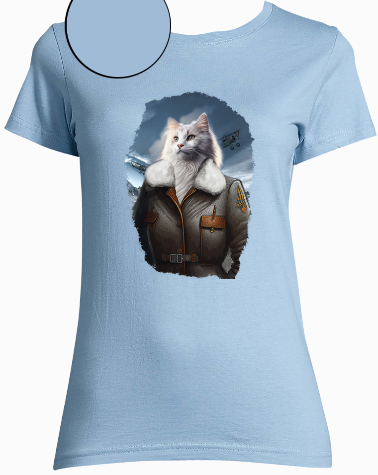 t-shirt chat aviatrice bleu ciel