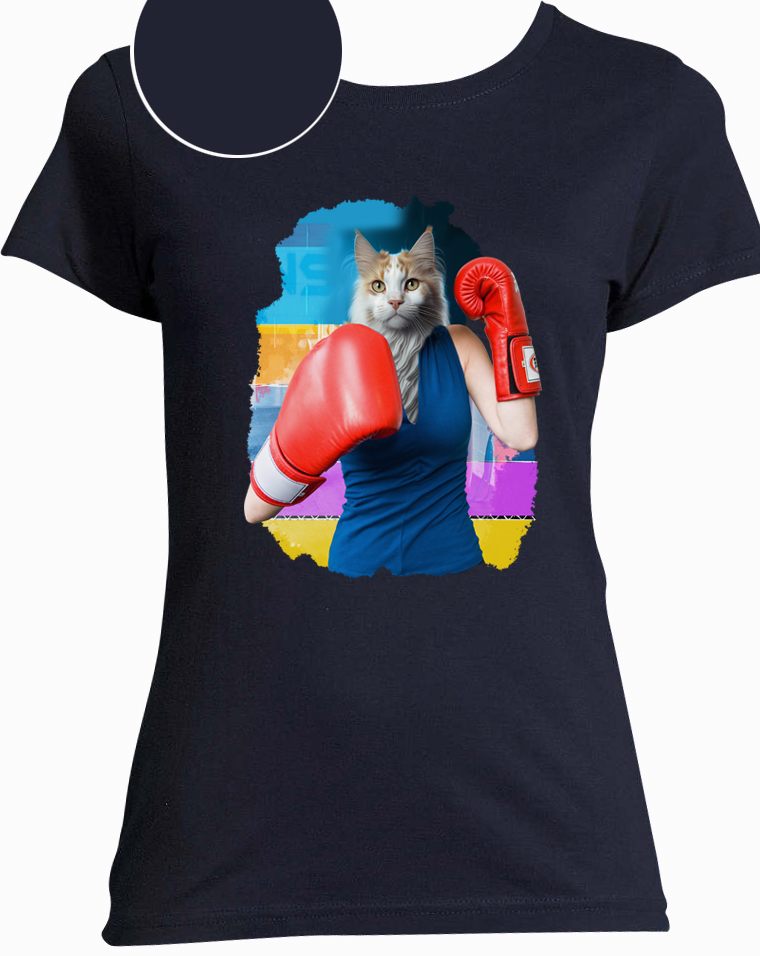 t-shirt chat boxeuse bleu marine