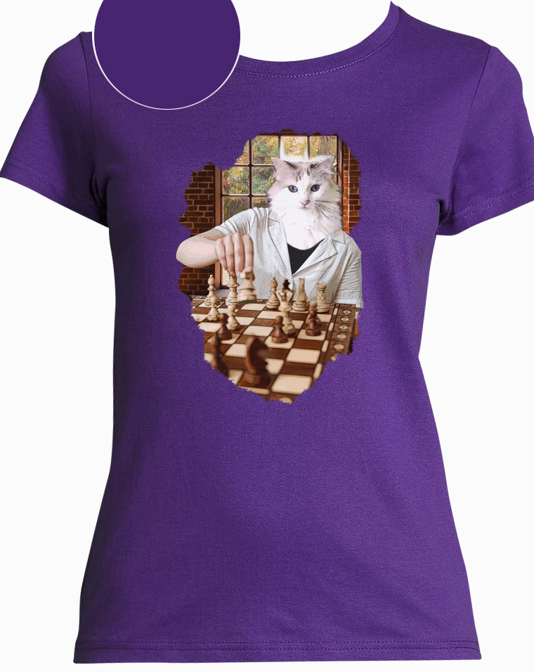 t-shirt chat echec violet femme