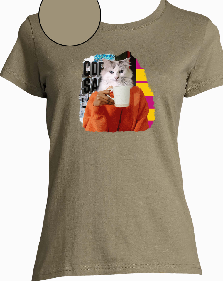 t-shirt chat cafe kaki  femme