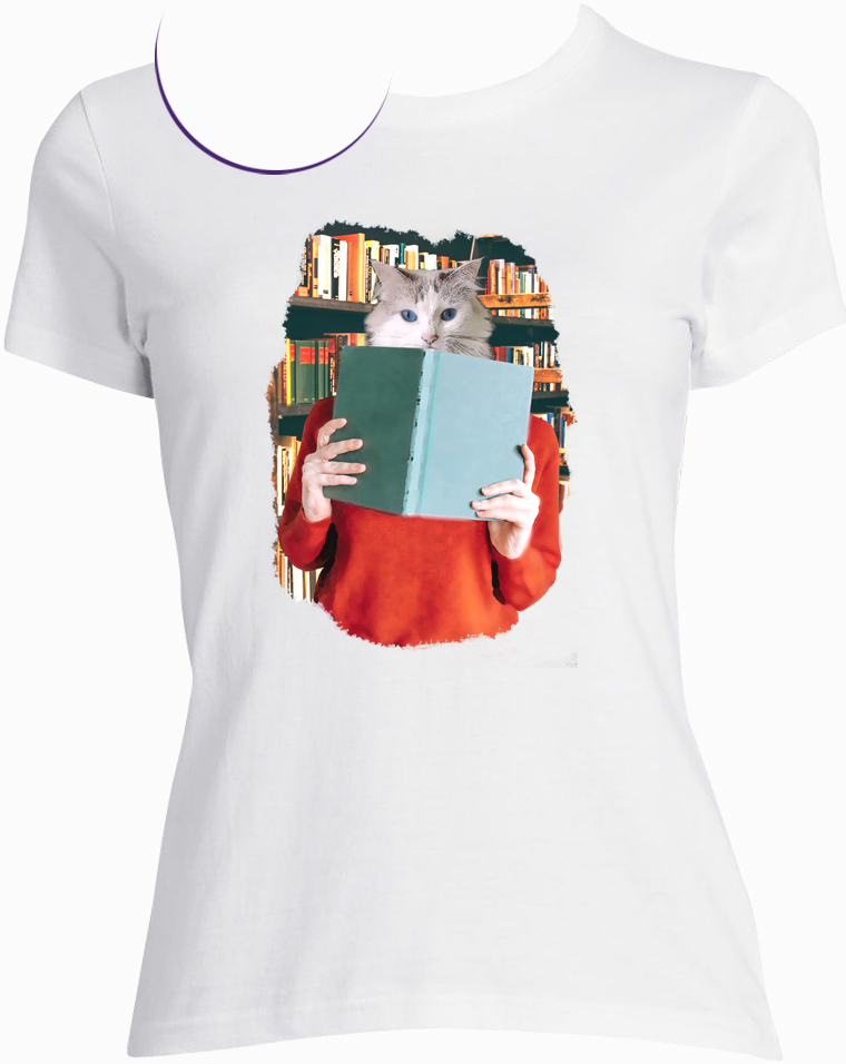 t-shirt chat bibliotheque blanc femme