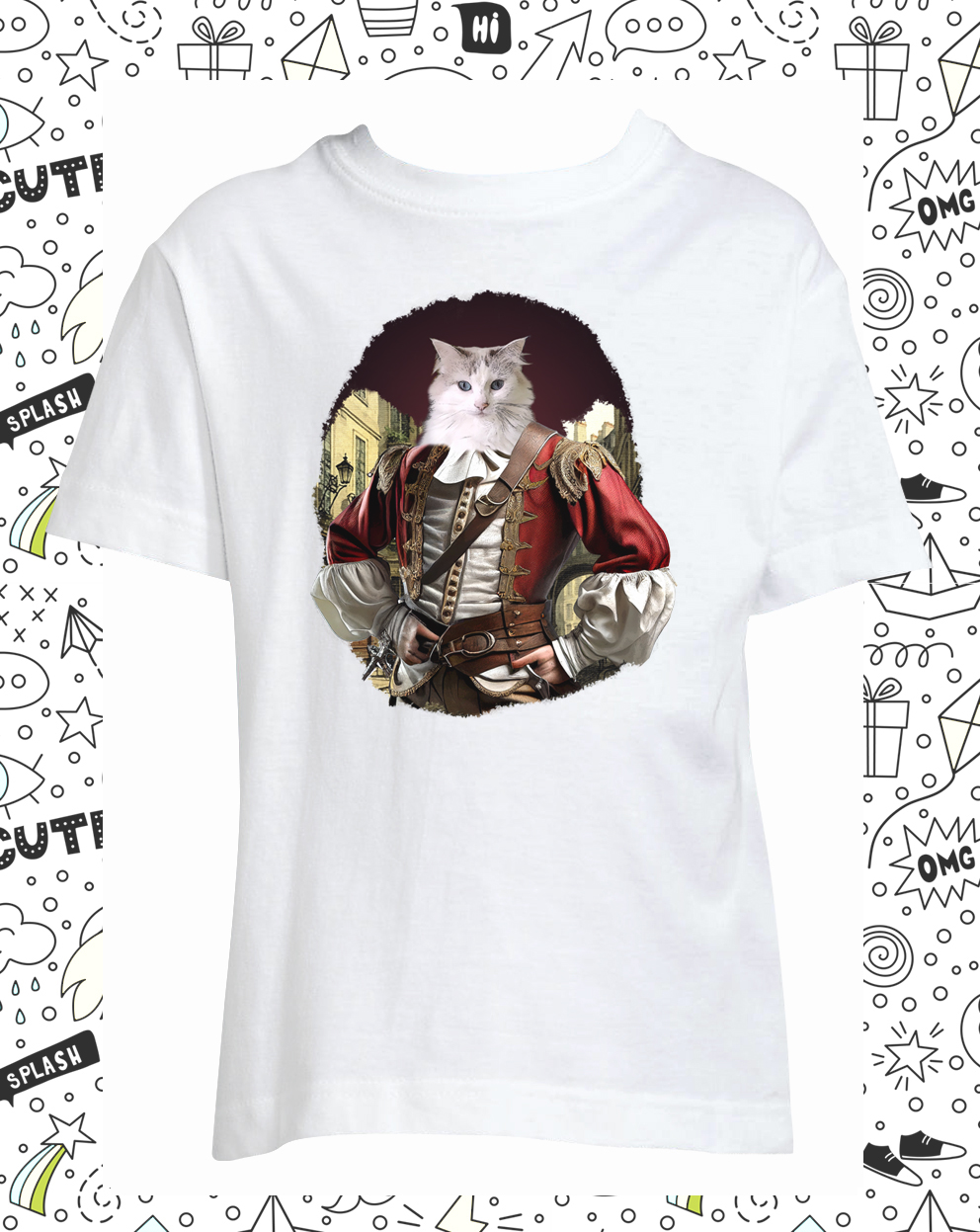 t-shirt mousquetaire chat blanc enfant