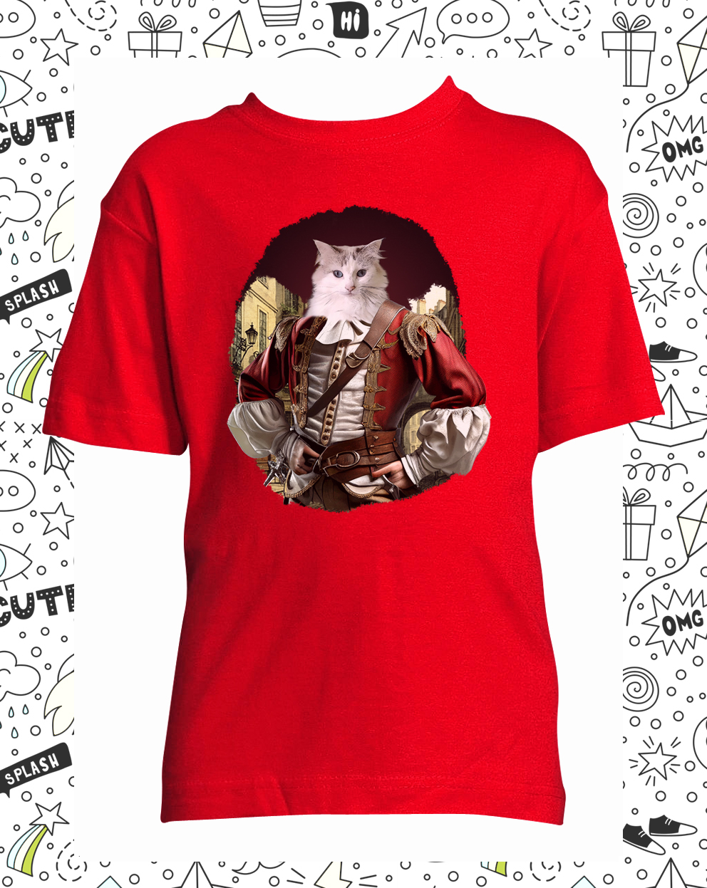 t-shirt mousquetaire chat rouge enfant