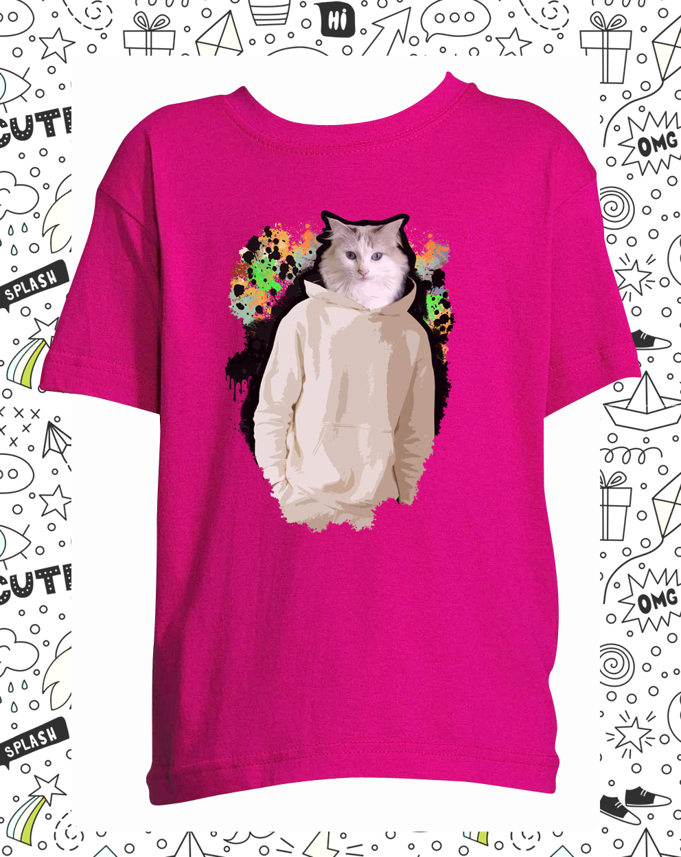 t-shirt chat dripping fushia enfant