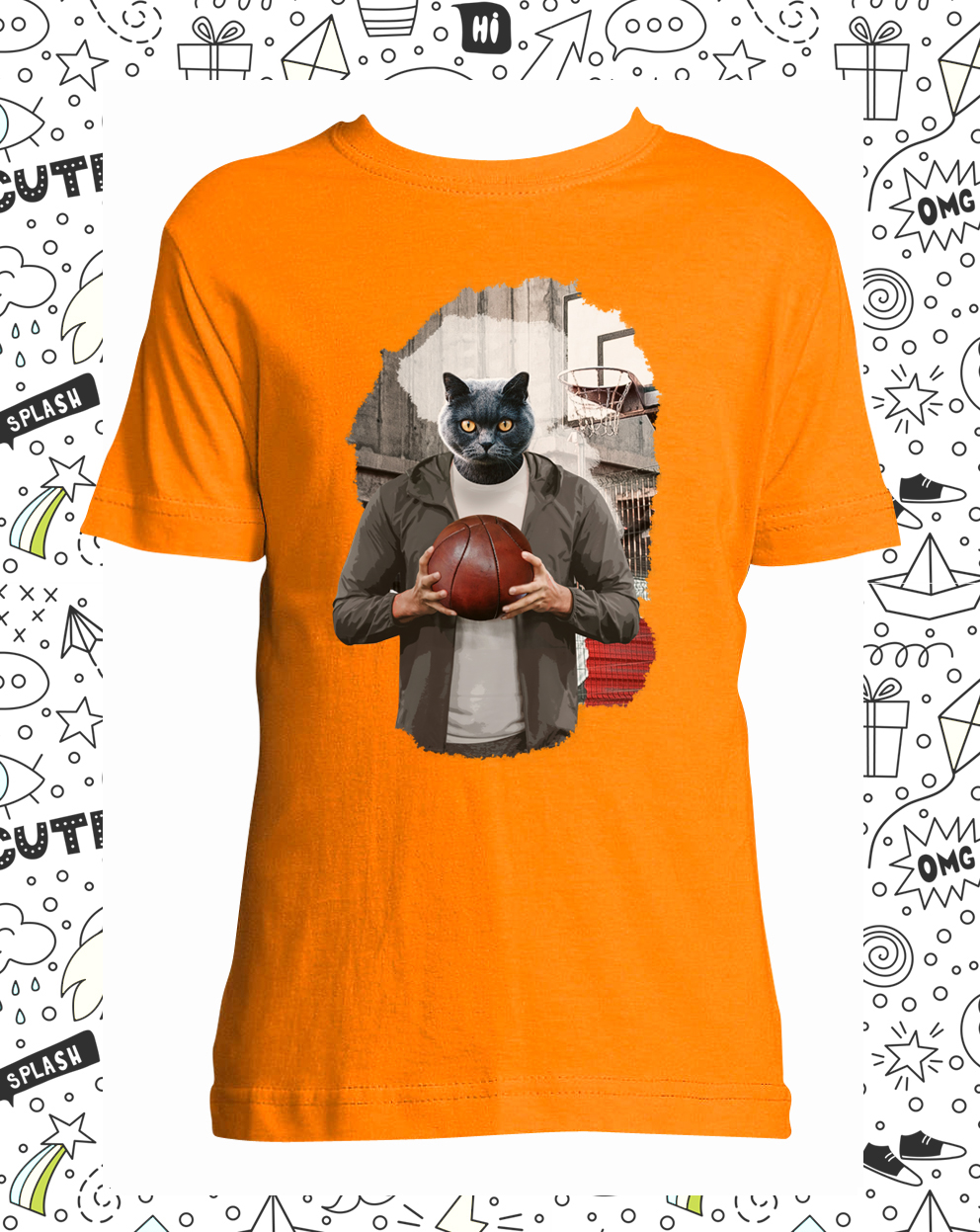t-shirt chat basket orange enfant