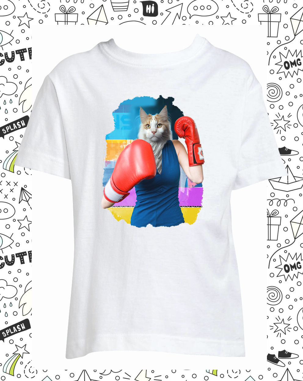 t-shirt chat boxeuse blanc enfant