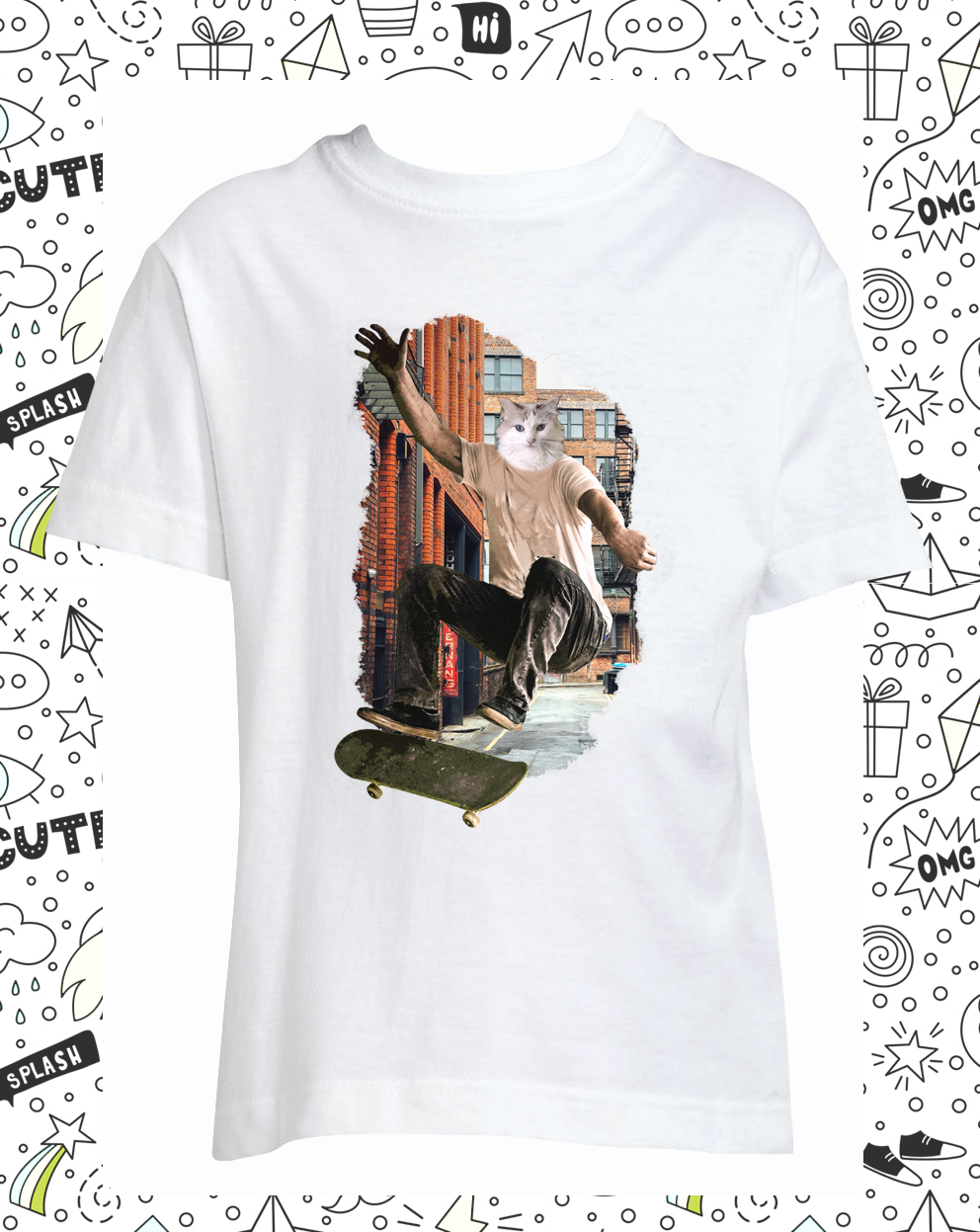 t-shirt chat skate blanc enfant
