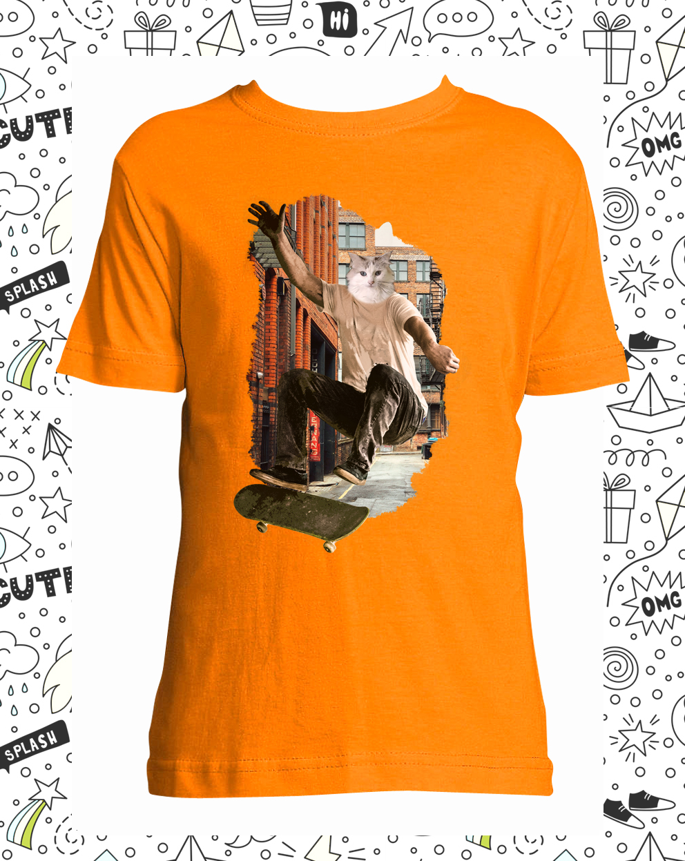 t-shirt chat skate orange enfant