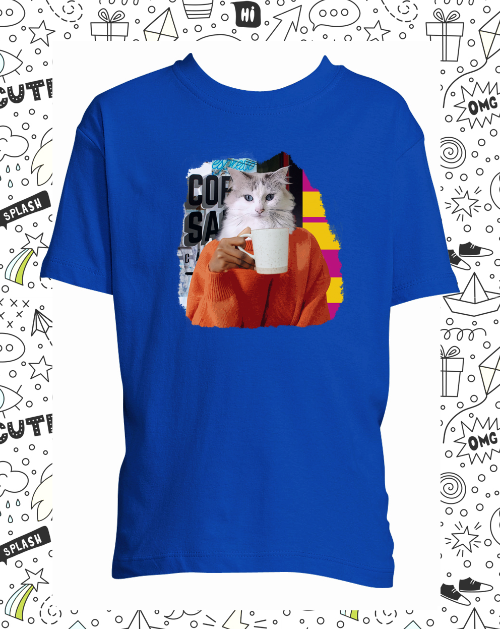 t-shirt chat cafe bleu roy enfant