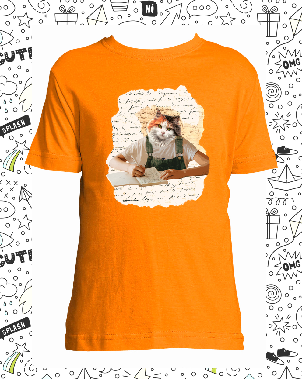 t-shirt chat calligraphie orange enfant