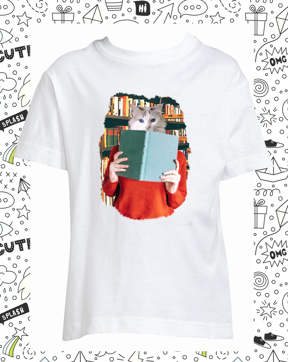 t-shirt chat bibliotheque blanc enfant