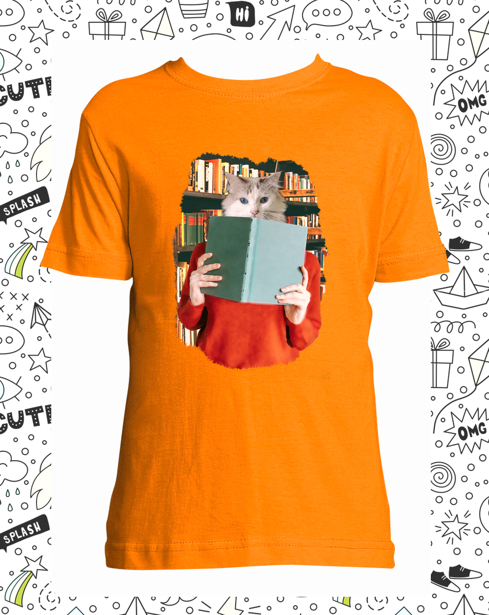 t-shirt chat bibliotheque orange enfant