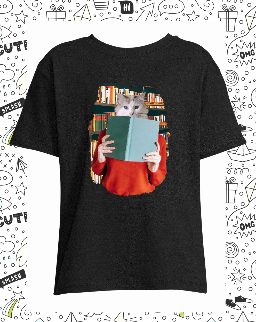 t-shirt chat bibliotheque noir enfant