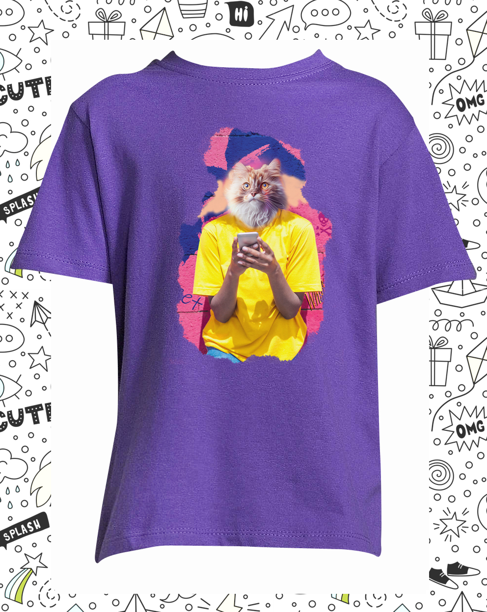 t-shirt chat smartphone violet enfant