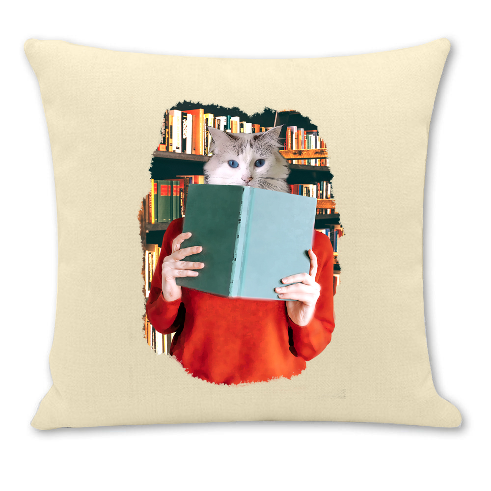 Housse de coussin chat bibliothèque