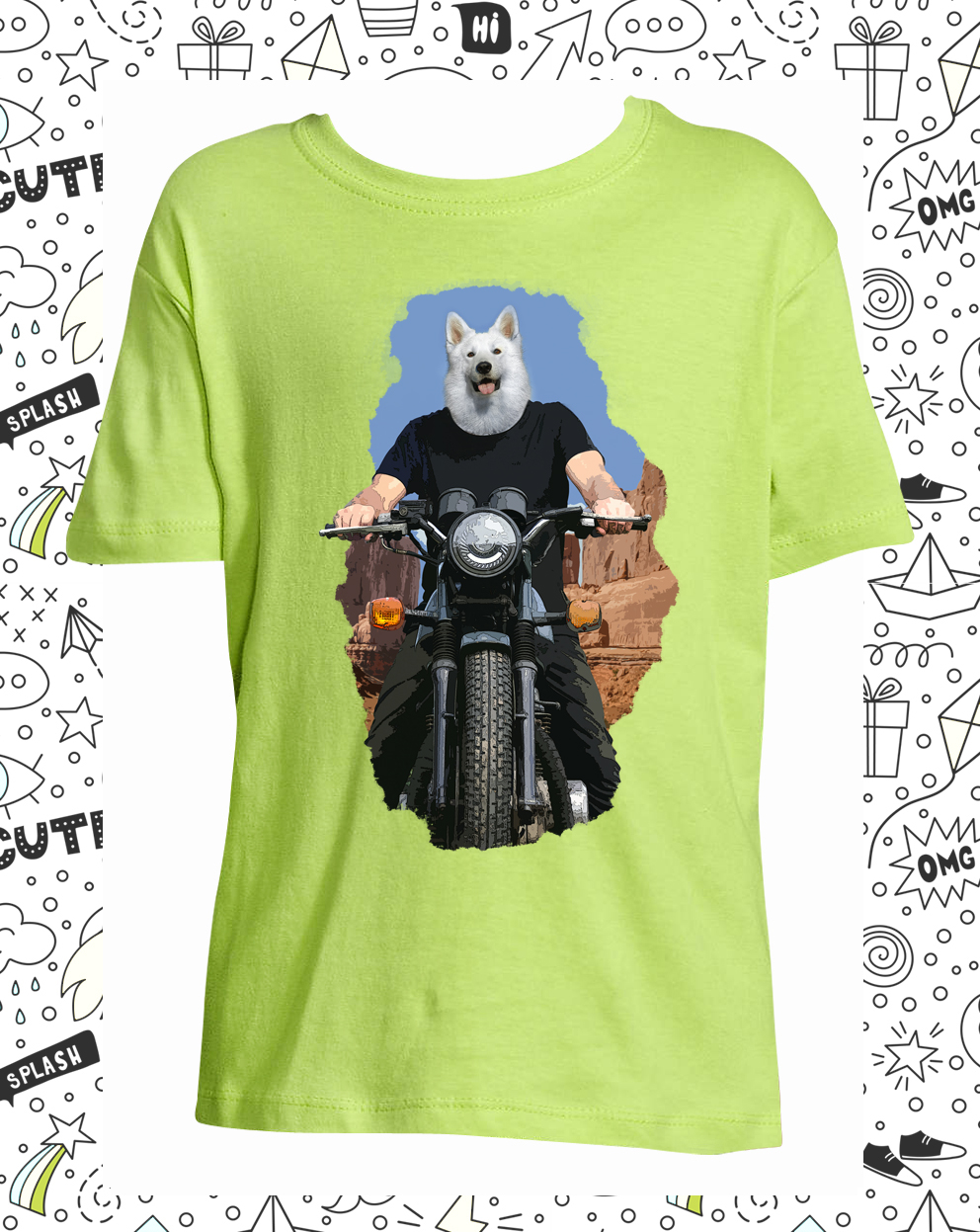 t-shirt chien moto vert pomme enfant