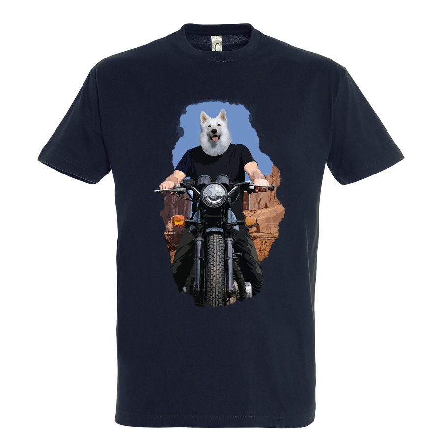 t-shirt moto chien bleu marine