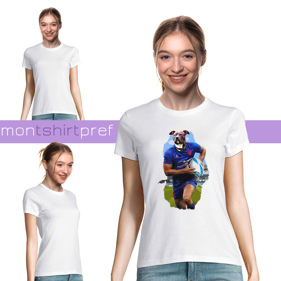 t-shirt femme motif chien rugby