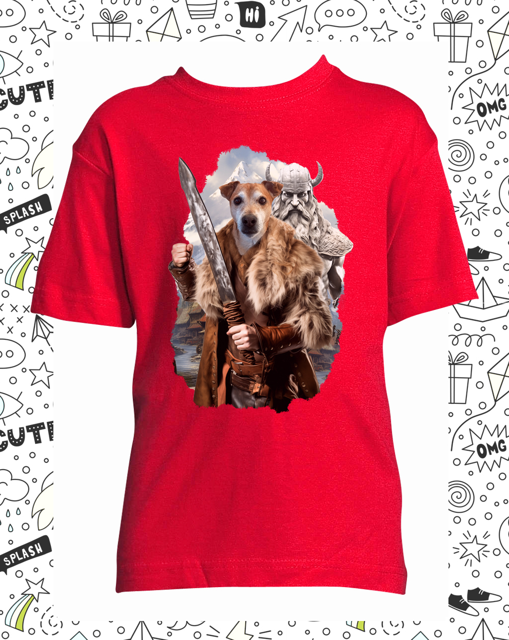 t-shirt rouge chien viking enfant