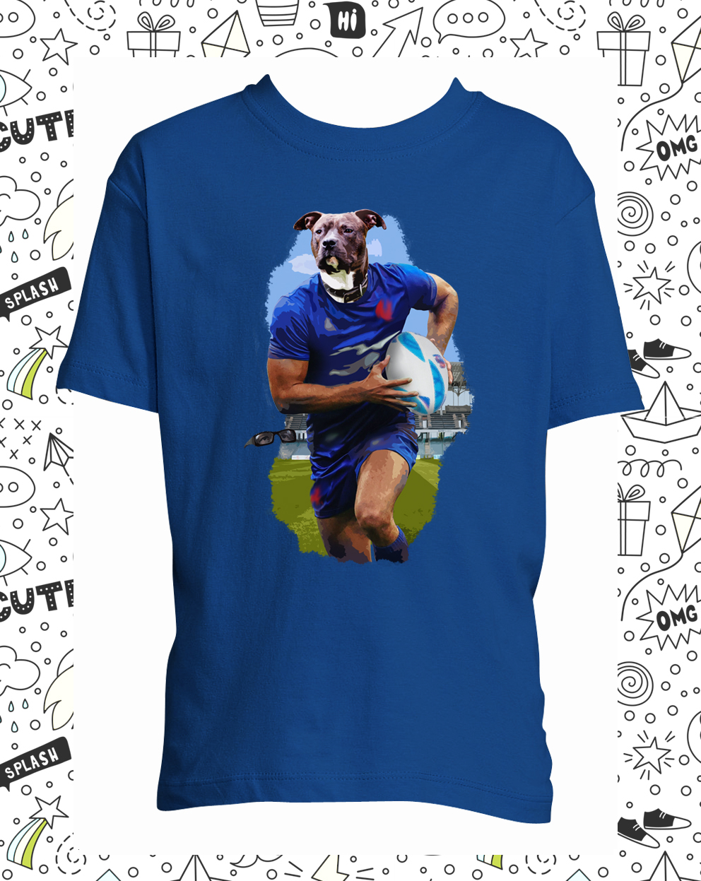 t-shirt bleu roy  chien rugby enfant
