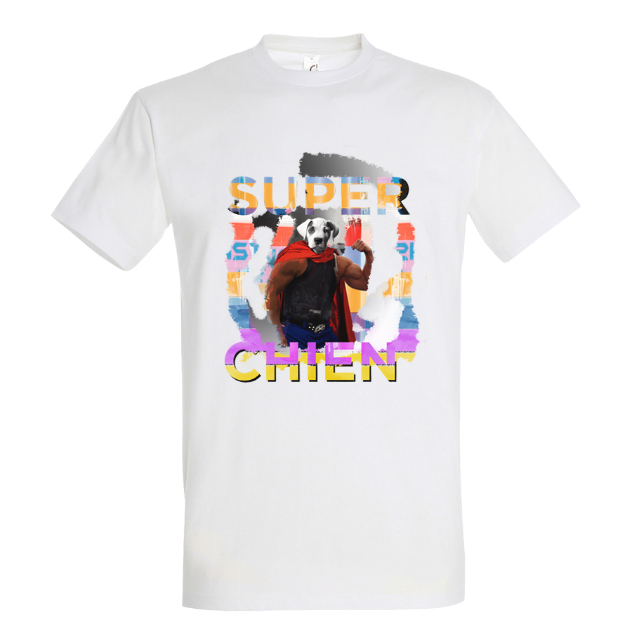 t-shirt chien super chien- homme blanc