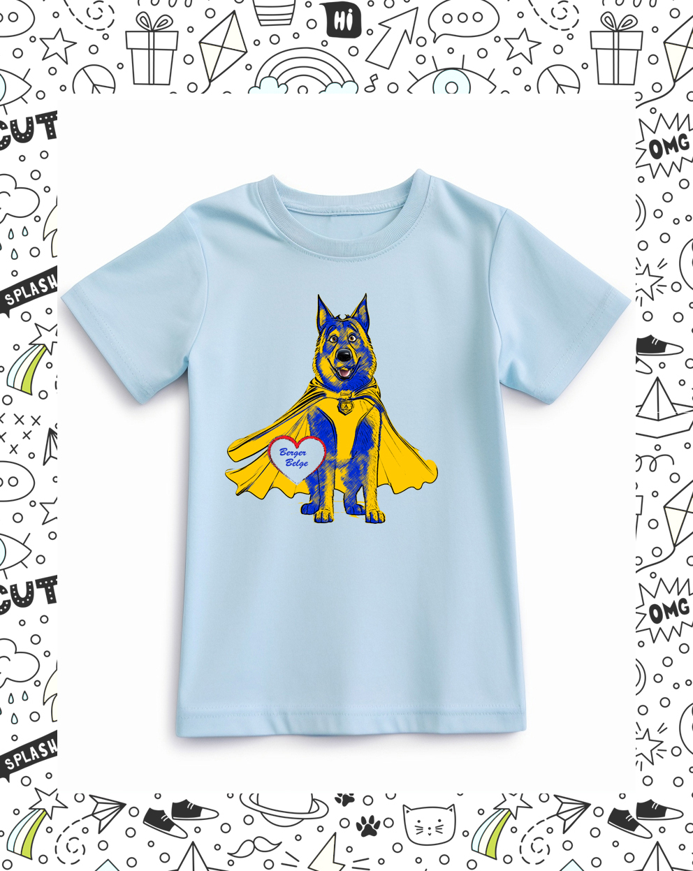 t-shirt enfant bleu ciel motif berger belge