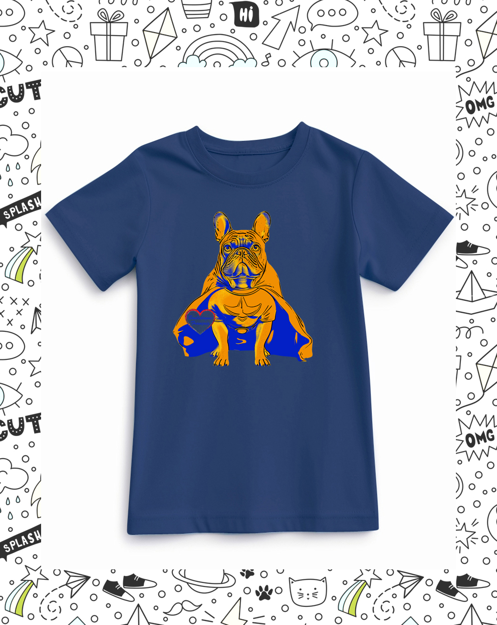 t-shirt enfant bleu marine motif bouledogue français